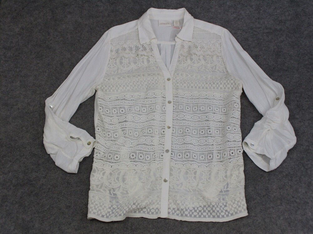 Chicos Shirt Womens 2 Regular Large L Ivory Button Up Lace Career Adelaide Sheer